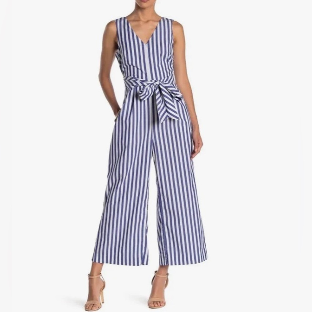 J CREW Sz 0 100% Cotton Wide Leg High Neck Bow Tieback Pockets Cropped Jumpsuit